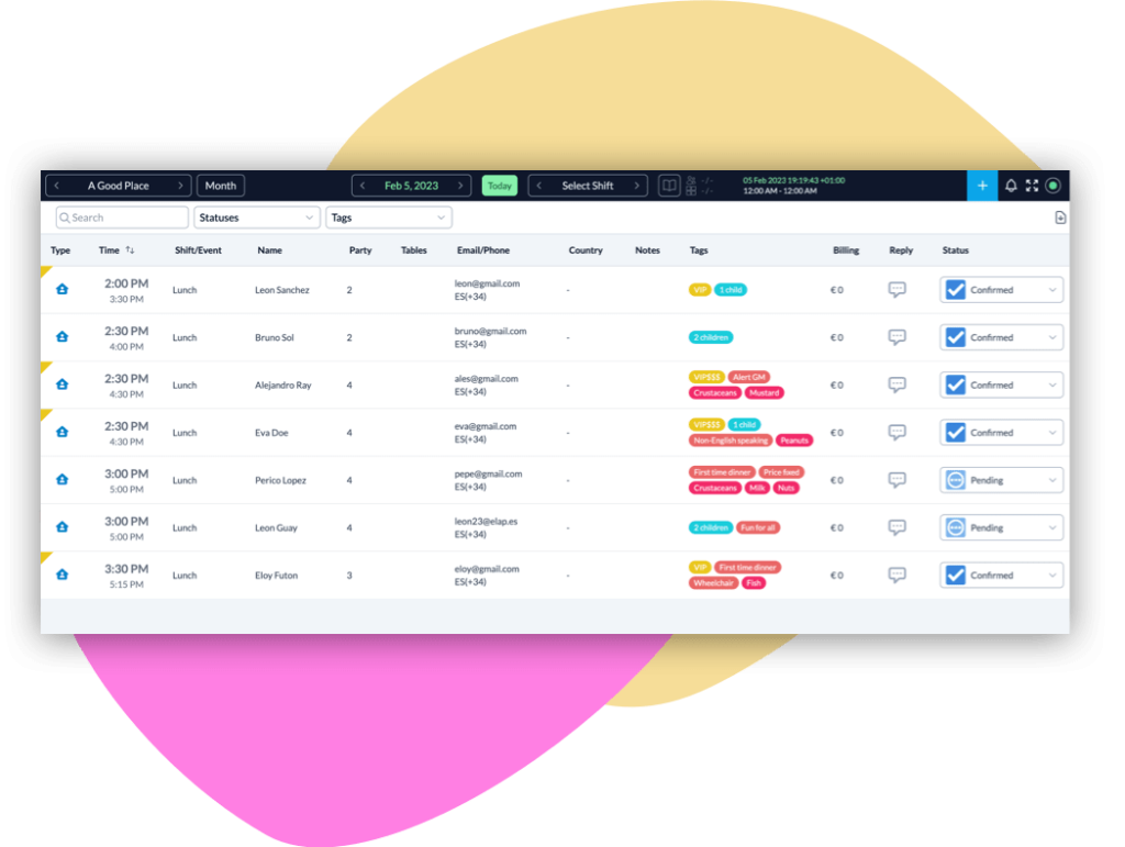 Features 10 Resv restaurant reservations list view bookings
