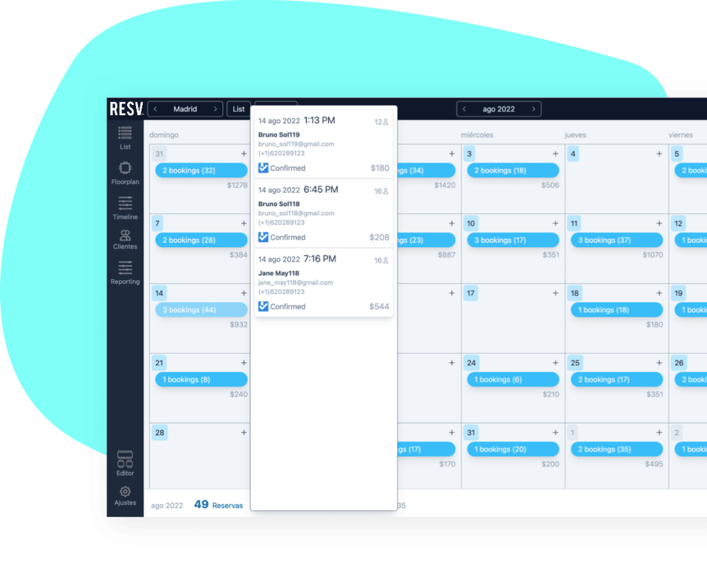 Features 11 Resv tr restaurant reservations monthly view bookings